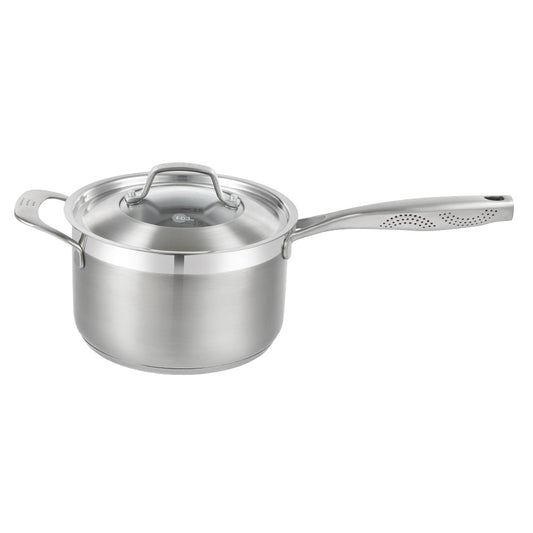stainless steel saucepan 20cm pot of soup on a wooden board beside black bowl of noodles  - Baccarat