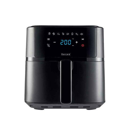 A black air fryer with digital display sits on a marble countertop - Baccarat Compact Air Fryer 5 7l