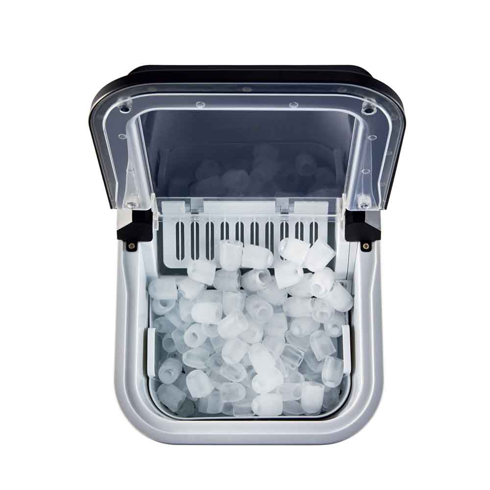 Close-up of the Baccarat The Ultimate Frost Ice Cube Maker with ice cubes and white control buttons 
