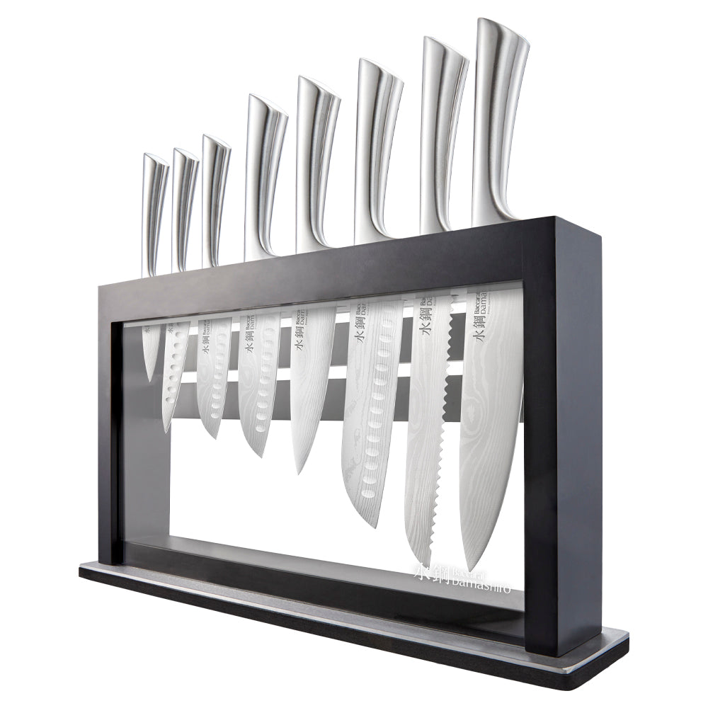 Sleek stainless steel knife set in a modern black block - black knife set - Baccarat damashiro hiryu