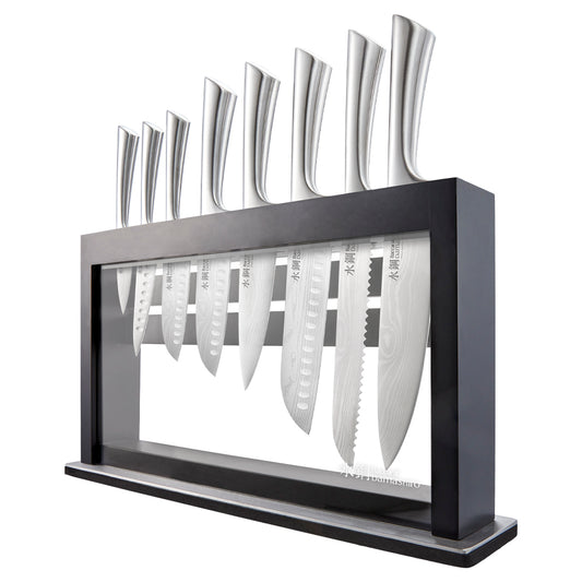 Sleek stainless steel knife set in a modern black block - black knife set - Baccarat damashiro hiryu