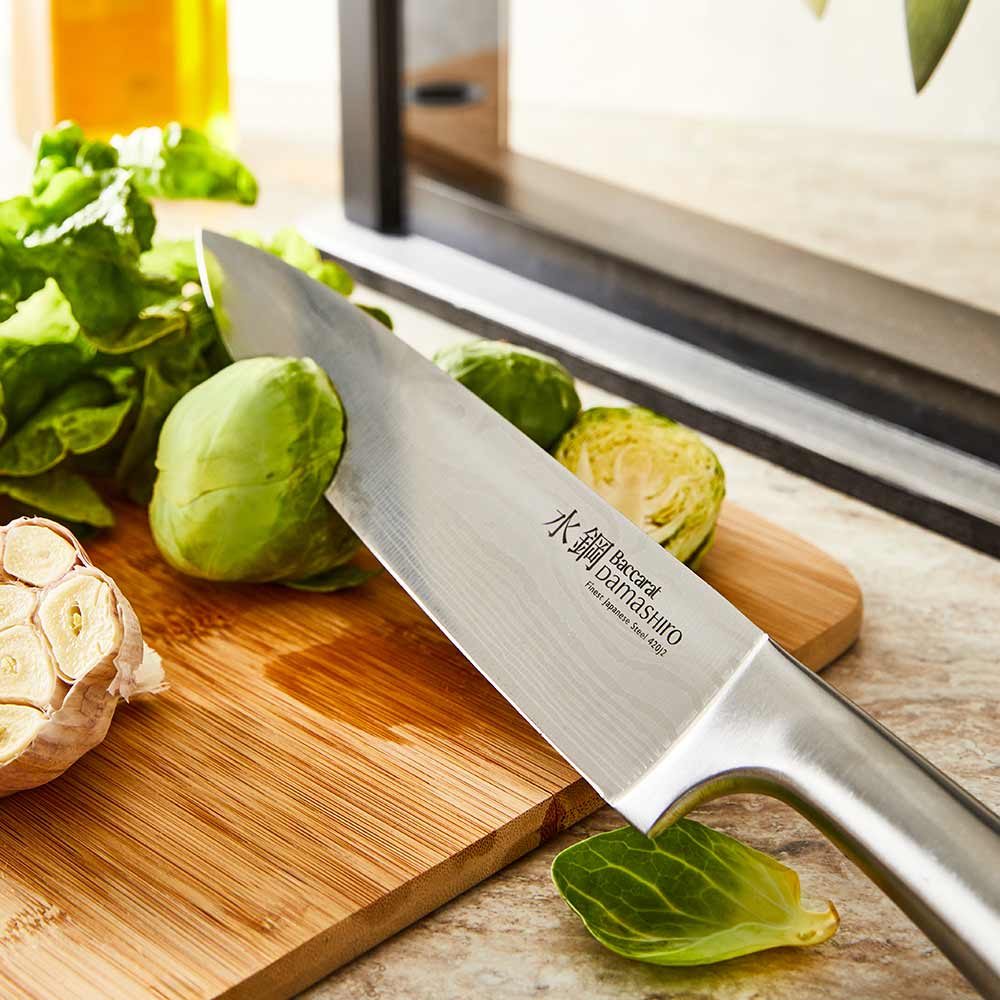 Sleek stainless steel knife set in a modern black block - black knife set - Baccarat damashiro hiryu