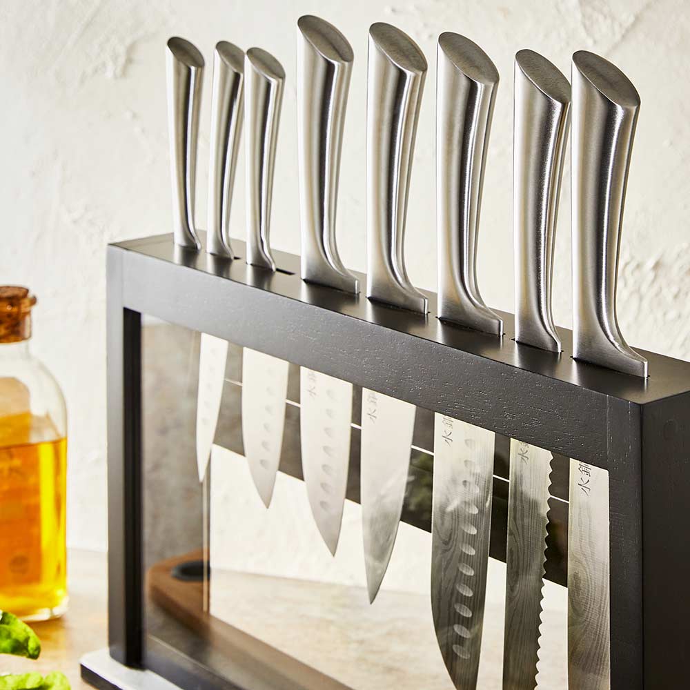 Sleek stainless steel knife set in a modern black block - black knife set - Baccarat damashiro hiryu