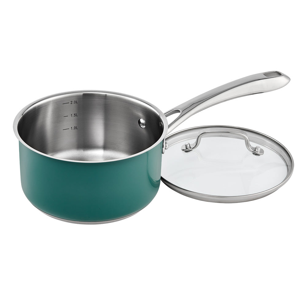Baccarat SIGNATURE 6 Piece Cookware Set Forest Green with saucepan with inner measurement markings at Baccarat