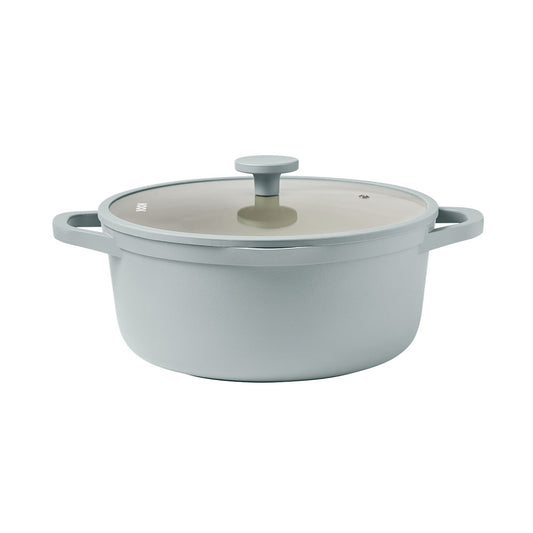 Gray enameled cast iron Dutch oven with lid on a white background