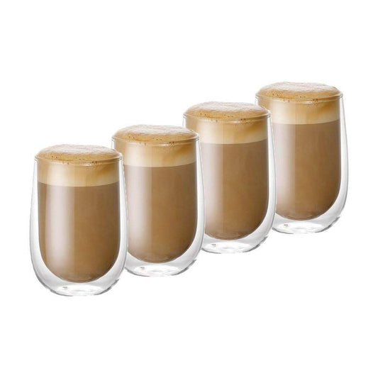 Four stylish double-walled mugs with rich brown coffee - Baccarat barista cafe double wall glass set
