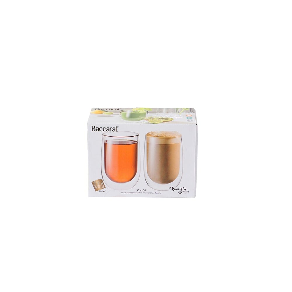 Two double wall thermal glass tumblers filled with creamy cappuccino brown color - Baccarat