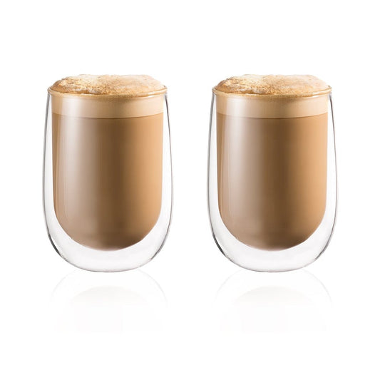 Two double wall thermal glass tumblers filled with creamy cappuccino brown color - Baccarat