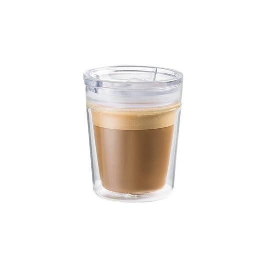 A travel coffee cup filled with creamy espresso - double walled glass 250ml - Baccarat barista
