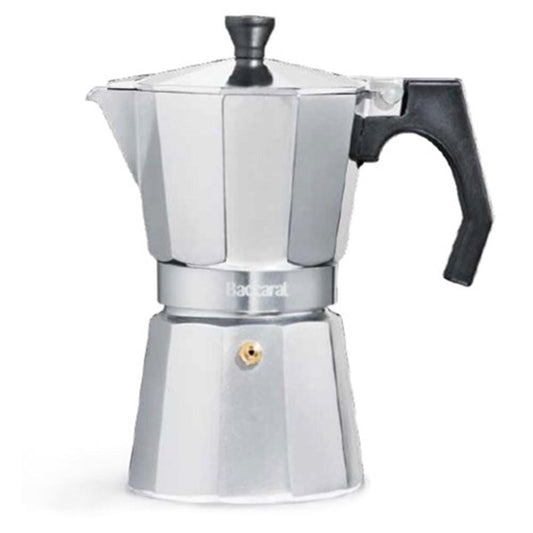 Top view of a 6-cup espresso maker with cups and biscotti on wooden board - Baccarat Barista Italico