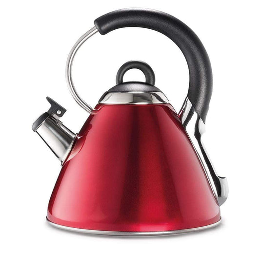 shiny red whistling kettle with silver spout and black handle - Baccarat barista italico stovetop
