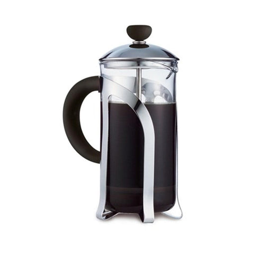 A sleek glass French press filled with coffee has a black handle and lid - Baccarat Barista Venice
