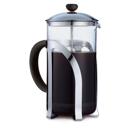 An elegant Baccarat Barista Venice plunger with black handle and silver accents filled with coffee