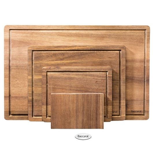 Four Baccarat Butchers Corner cutting boards in assorted sizes ideal for kitchen use in brown colour