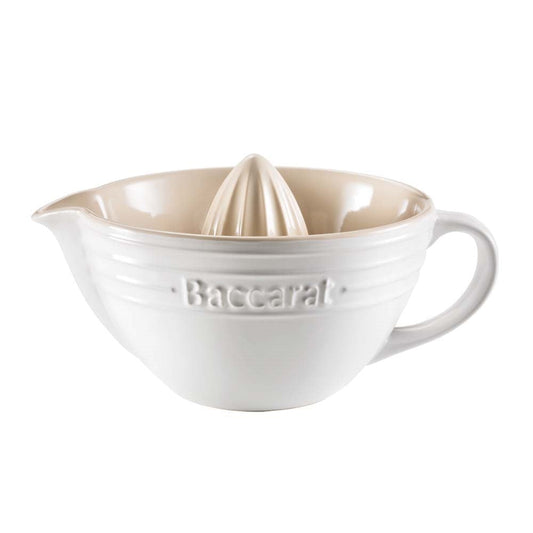 sleek white citrus juicer with spout and handle beside elegant packaging - Baccarat le connoisseur