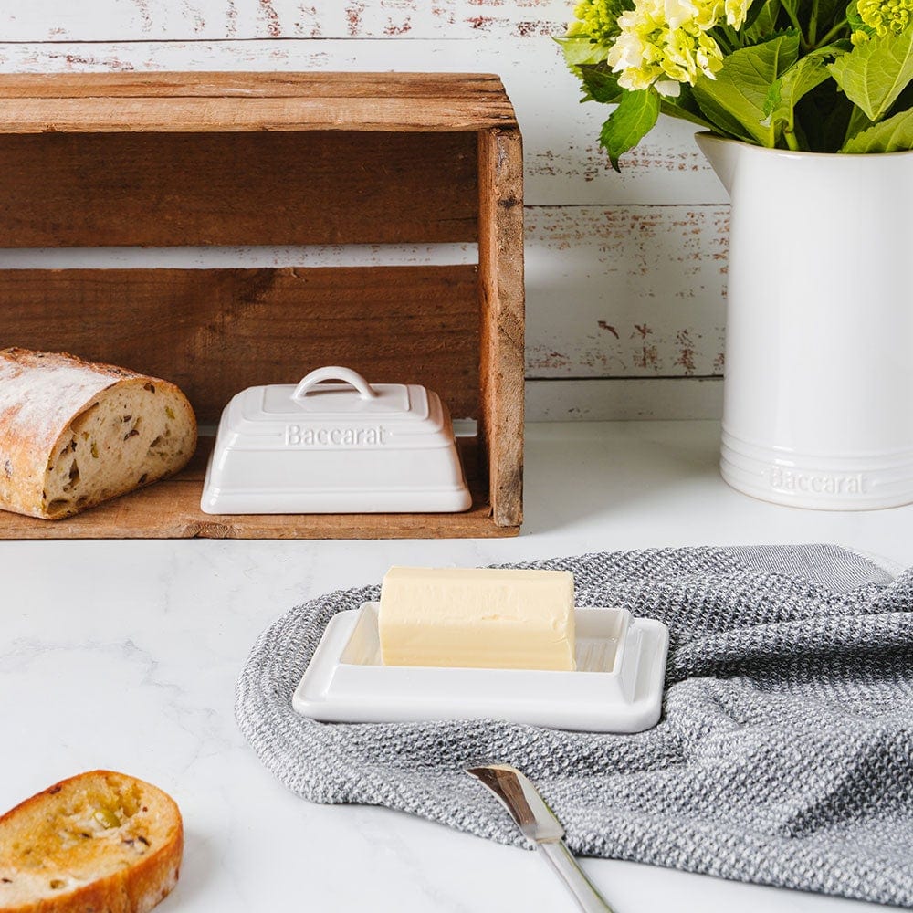 a white butter dish with fresh bread and cloth nearby - Baccarat le connoisseur stoneware 16cm