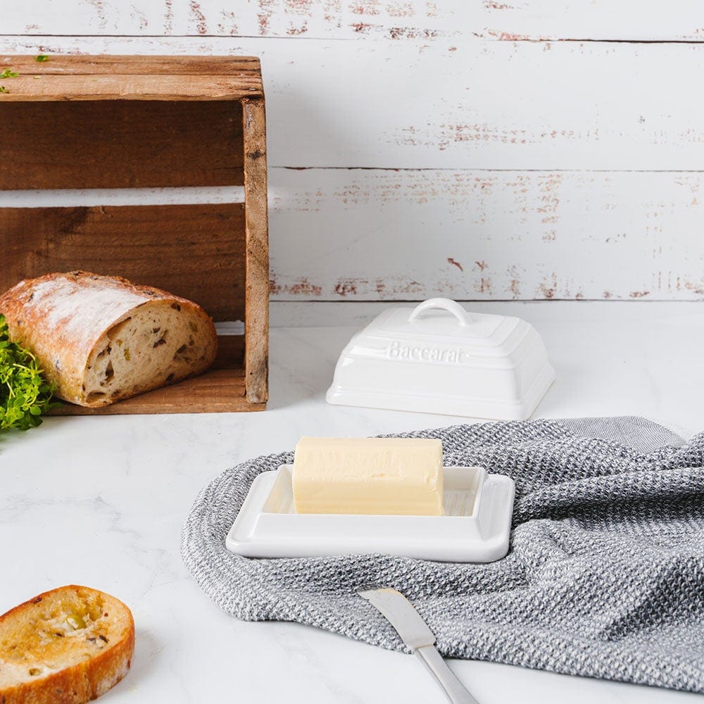 a white butter dish with fresh bread and cloth nearby - Baccarat le connoisseur stoneware 16cm