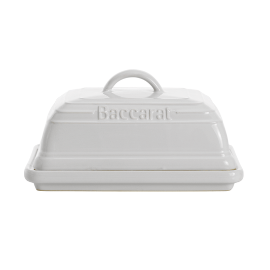 a white butter dish with fresh bread and cloth nearby - Baccarat le connoisseur stoneware 16cm