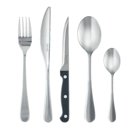 A 40 piece cutlery set gleams on a brown napkin showcasing luxury tableware - Baccarat sabre mainz