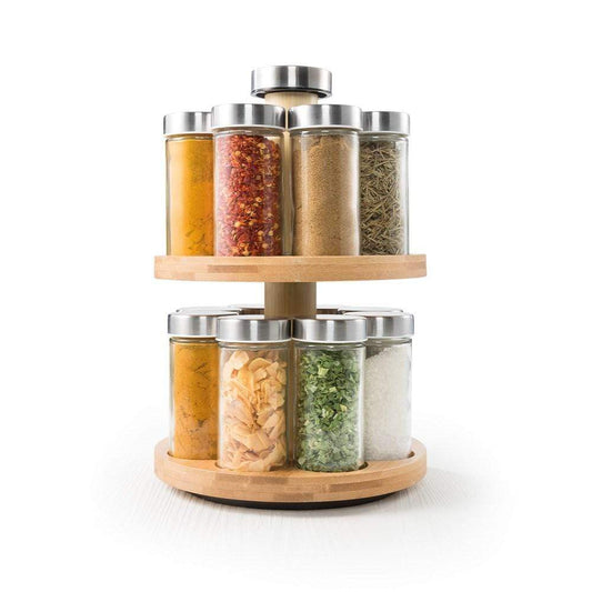 Rotating bamboo spice rack with 16 glass jars filled with spices - Baccarat spice market essence