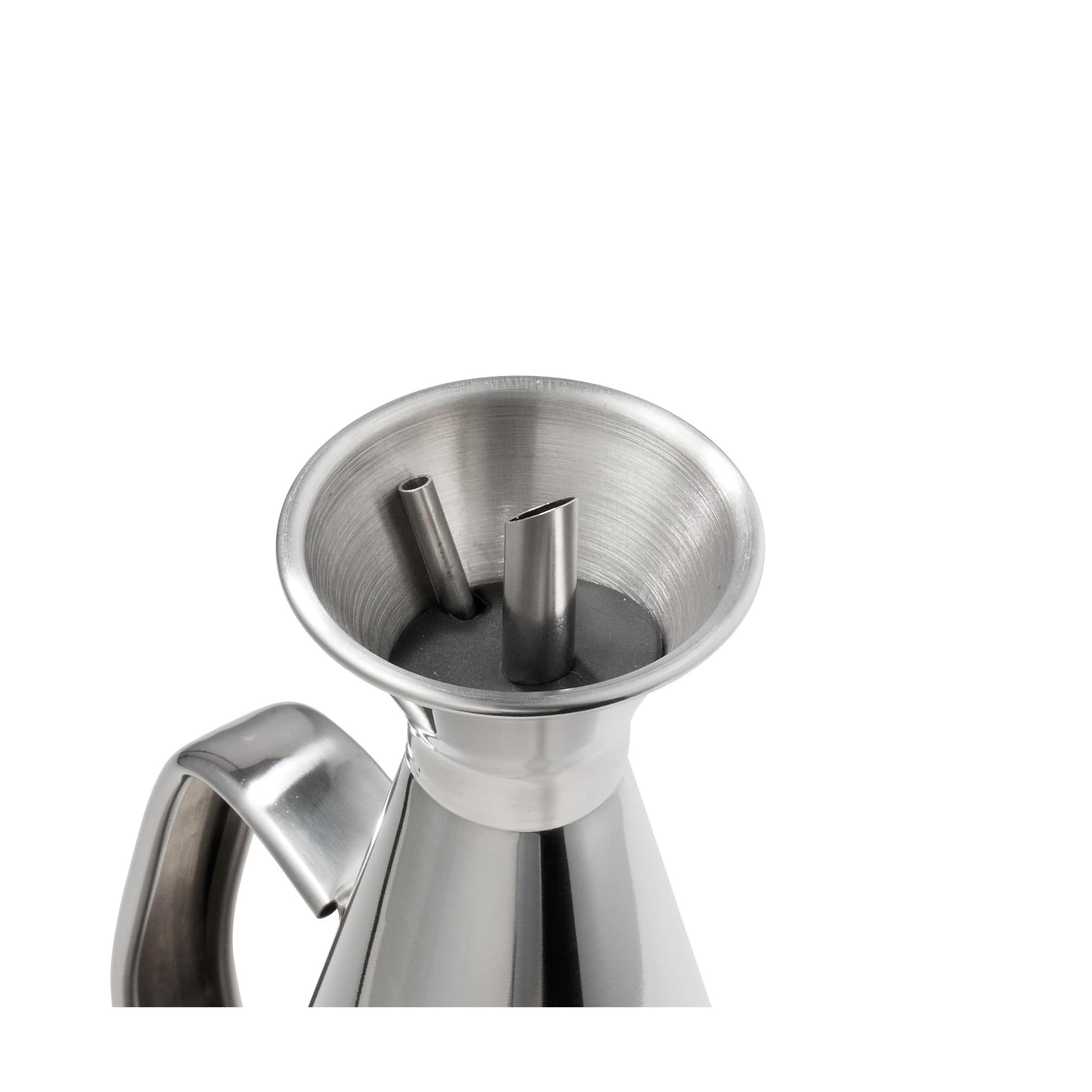 A polished stainless steel oil bottle elegantly drizzling golden olive oil - Baccarat spice market