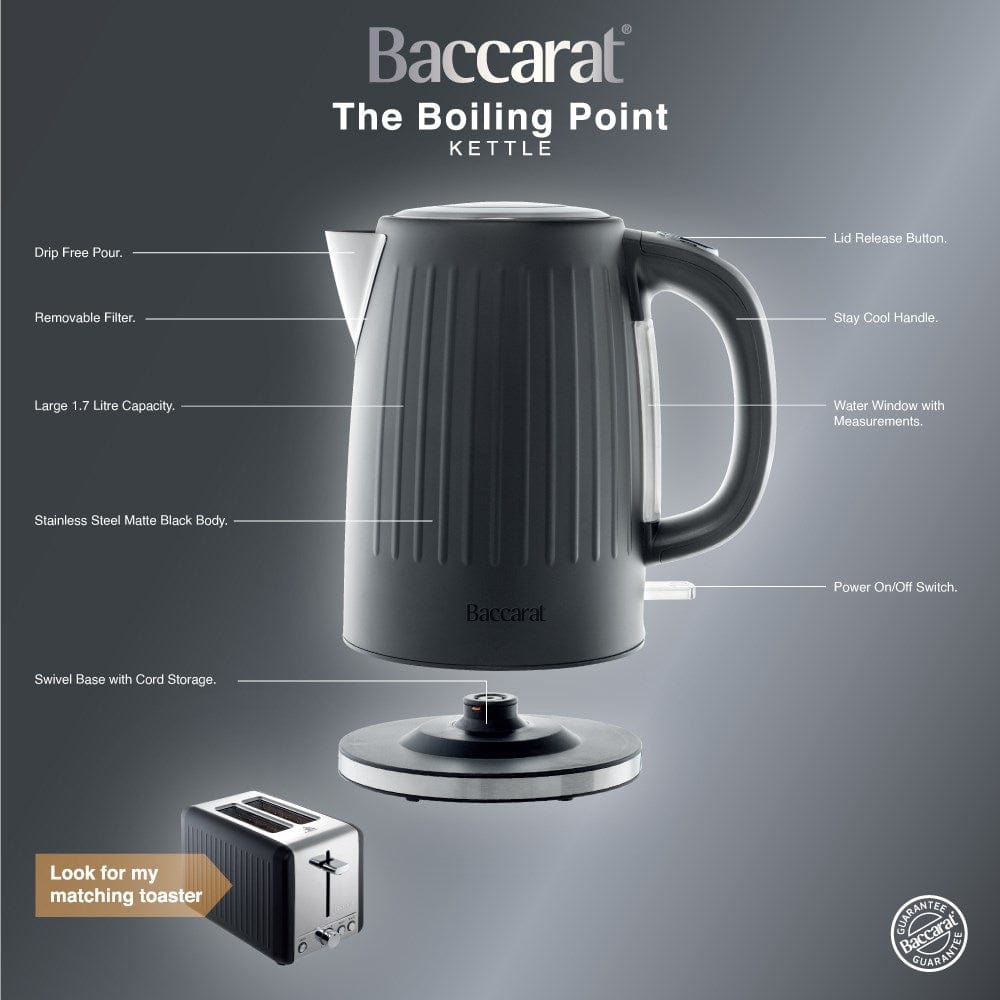 Black kettle pours hot water into a white cup beside a pastry plate - Baccarat  Boiling Point Kettle