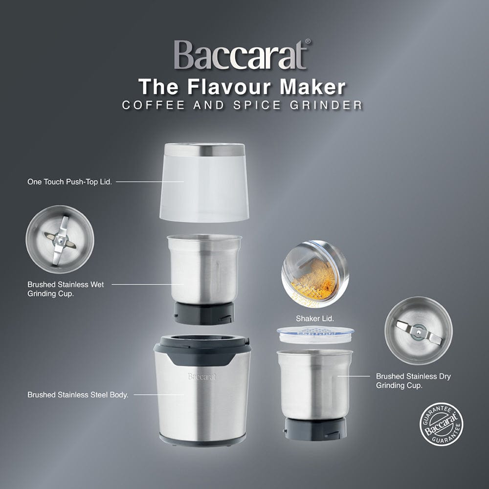 Flavour maker coffee spice grinder in stainless steel with spices on a wooden board - Baccarat