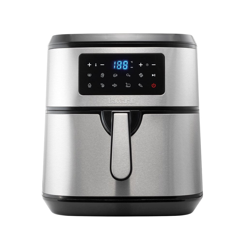 Cooked chicken in drawer of air fryer with digital display  - Baccarat the healthy fry 9l air fryer