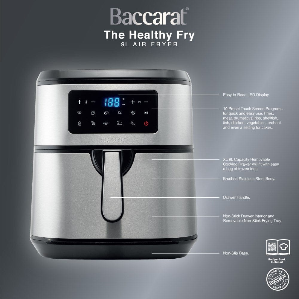 Cooked chicken in drawer of air fryer with digital display  - Baccarat the healthy fry 9l air fryer