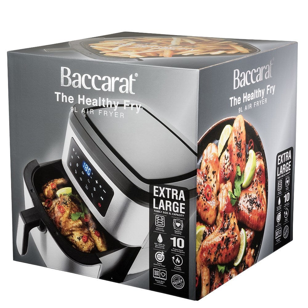 Cooked chicken in drawer of air fryer with digital display  - Baccarat the healthy fry 9l air fryer