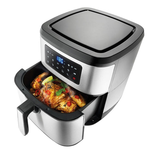 Cooked chicken in drawer of air fryer with digital display  - Baccarat the healthy fry 9l air fryer