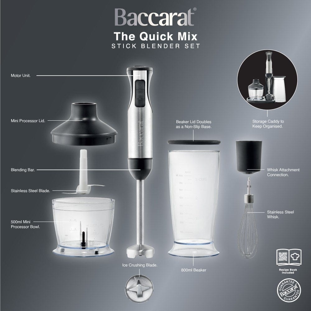 A yellow smoothie is blended surrounded by fresh fruits with a Baccarat The Quick Mix Stick Blender