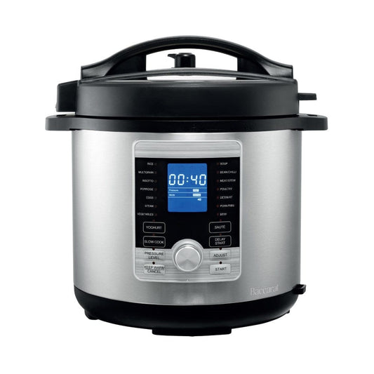A stainless steel electric multi-cooker is centered on a white background, showcasing its digital control panel with a glowing blue LCD screen.
