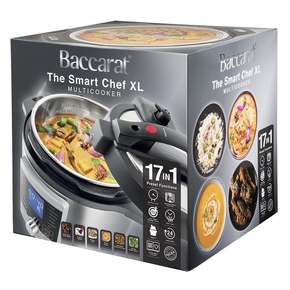Aerial view of open black lid and stainless steel body - stew in a digital multicooker - Baccarat