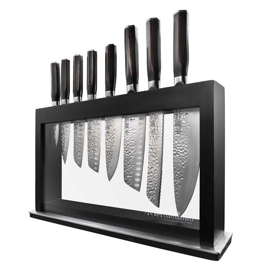 nine piece knife block with sleek black handles and shiny blades - Baccarat damashiro emperor hisa