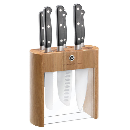 Wooden Baccarat Wolfgang Starke Klar 7-Piece Knife Block on table with strawberries and cheese board